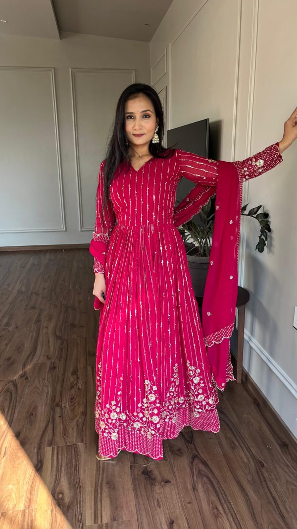 Magical Pink Color Fox Georgette sequence Embroidery Work With Gown
