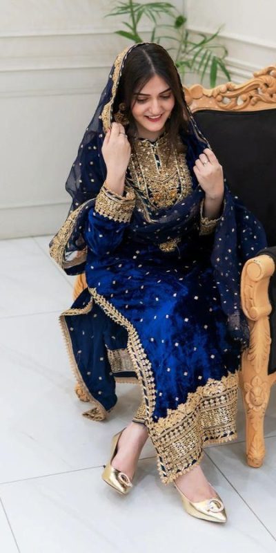 Majestic Blue Color Velvet Georgette Embroidery Sequence Salwar Suit