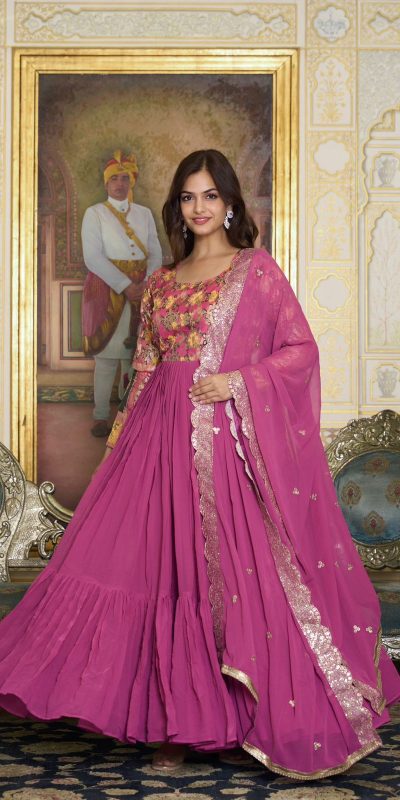Stunning Pink Color Fox Georgette Embroider Pure Zecard Work Gown