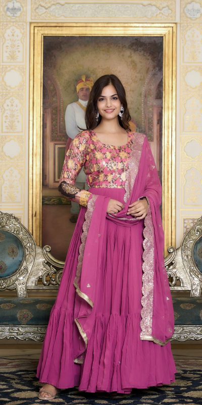 Stunning Pink Color Fox Georgette Embroider Pure Zecard Work Gown