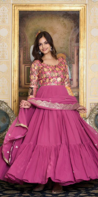 Stunning Pink Color Fox Georgette Embroider Pure Zecard Work Gown