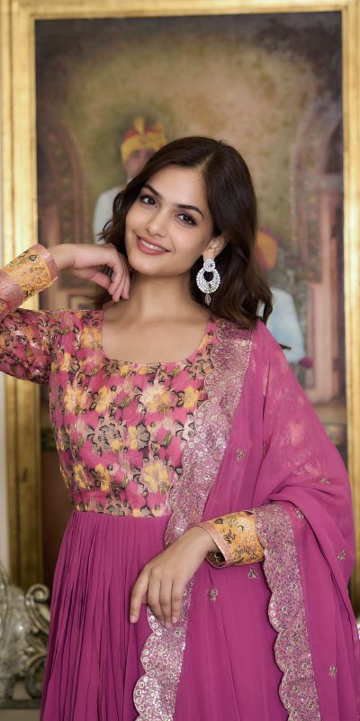 Stunning Pink Color Fox Georgette Embroider Pure Zecard Work Gown