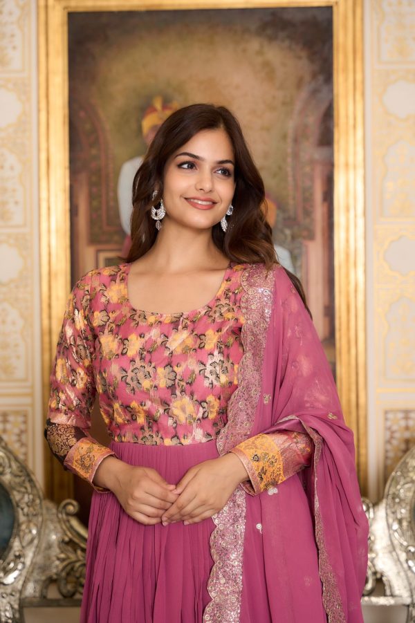 Stunning Pink Color Fox Georgette Embroider Pure Zecard Work Gown