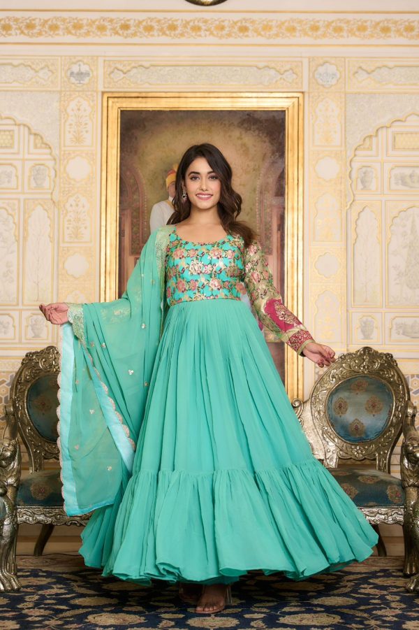 Stunning Sea Green Faux Color Fox Georgette Embroider Pure Zecard Work Gown