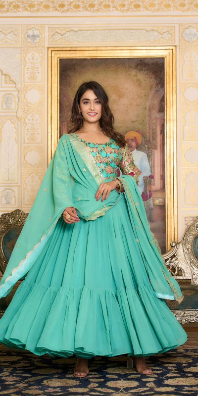Stunning Sea Green Faux Color Fox Georgette Embroider Pure Zecard Work Gown