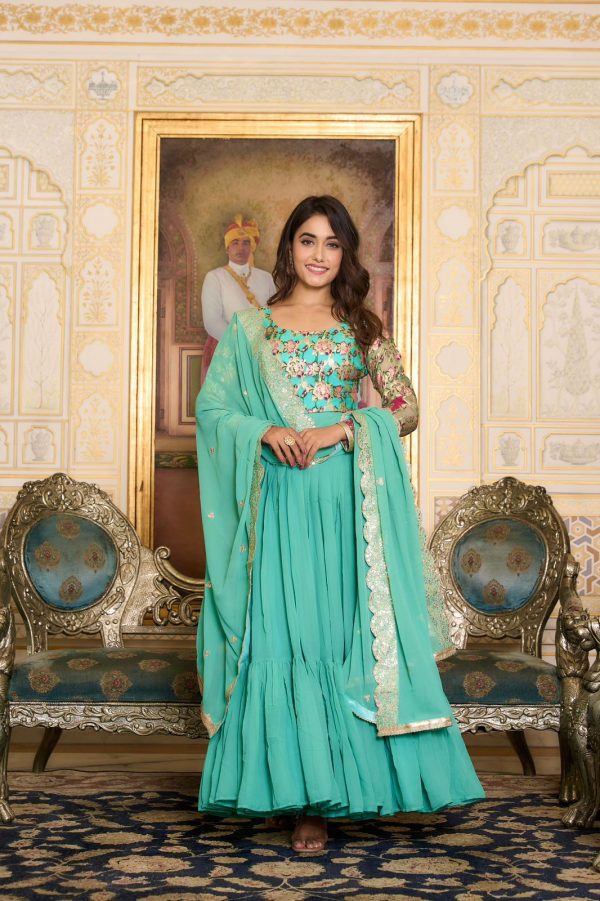 Stunning Sea Green Faux Color Fox Georgette Embroider Pure Zecard Work Gown