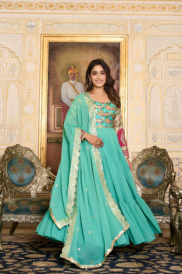 Stunning Sea Green Faux Color Fox Georgette Embroider Pure Zecard Work Gown