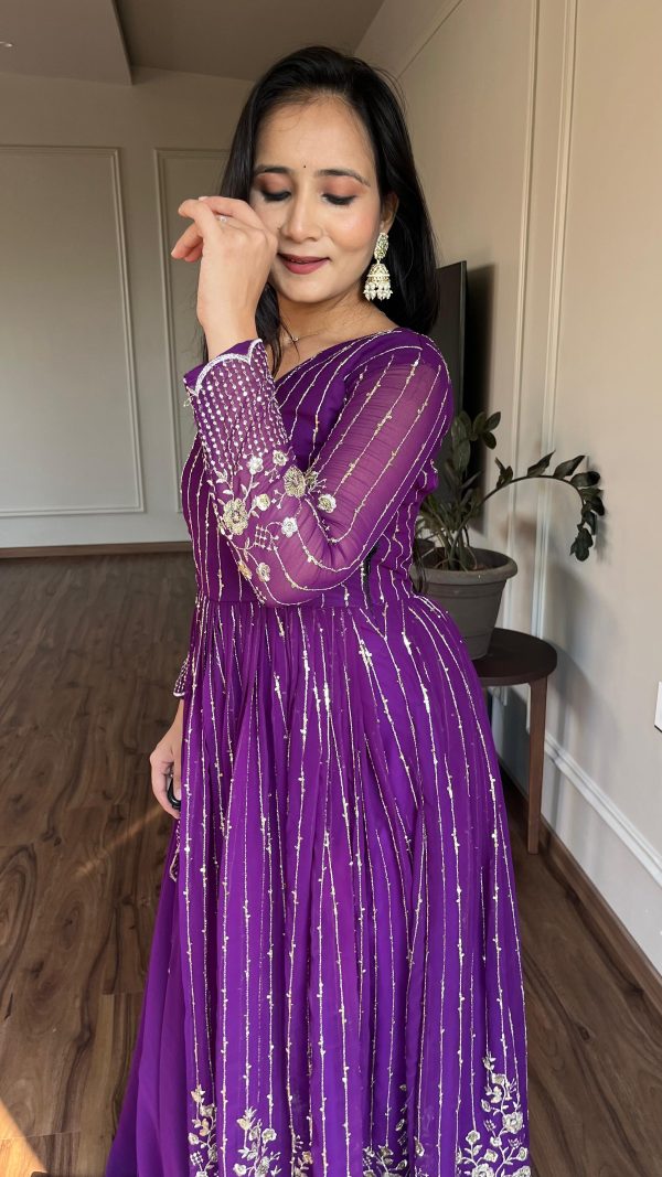 Women's Purple Color Fox Georgette sequence Embroidery Work With Gown