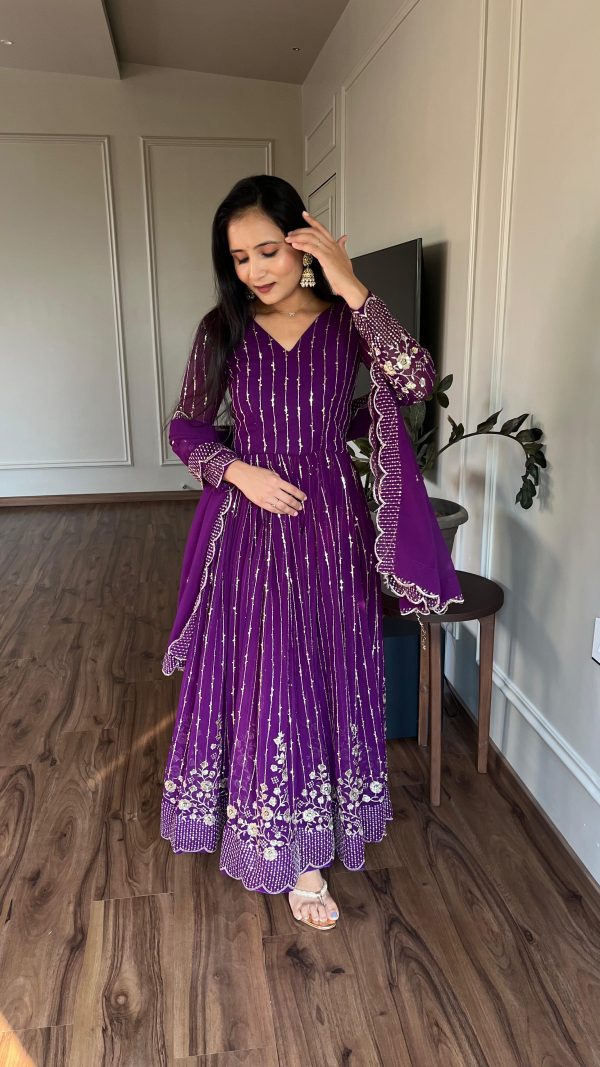 Women's Purple Color Fox Georgette sequence Embroidery Work With Gown