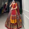 Red Tussar Silk  Print With Foil Print Lehenga Choli