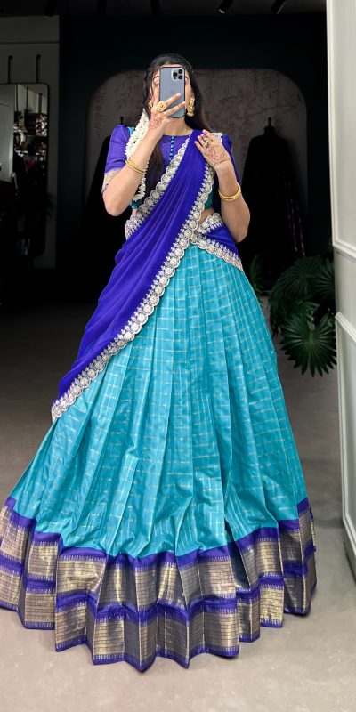 Amazing Blue Color Zari Chex With Zari Weaving Work Lehenga Choli