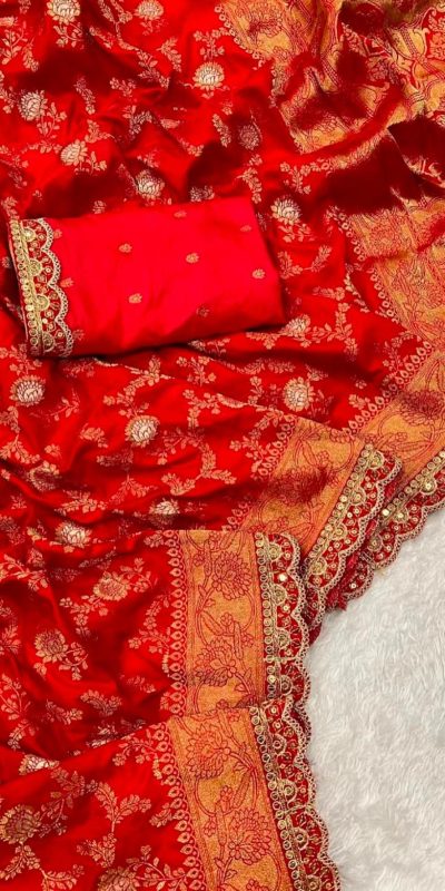 Amazing Orange Color Jacquard Weaving With Embroidery Cording Lace Saree