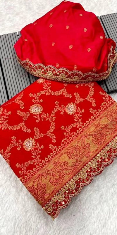 Amazing Orange Color Jacquard Weaving With Embroidery Cording Lace Saree