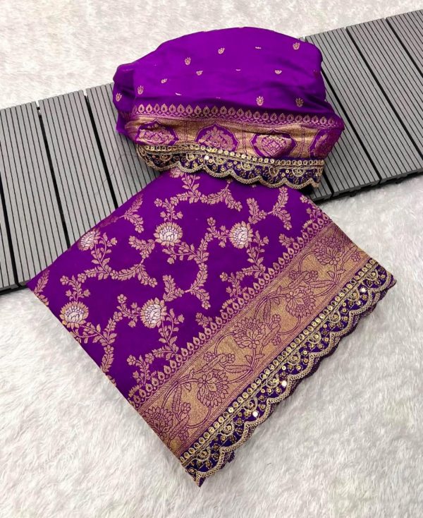 Amazing Purple Color Jacquard Weaving With Embroidery Cording Lace Saree