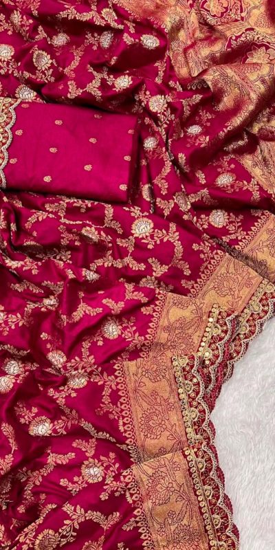 Amazing Red Color Jacquard Weaving With Embroidery Cording Lace Saree