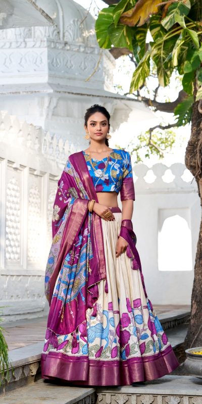 Amazing Violet Color Dola Silk Kalamkari Print Zari Border Lehenga Choli
