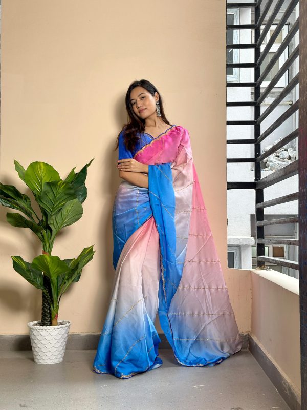 Blue Soft Georgette Satin With Digital Print Embroidery Work Saree - Image 2