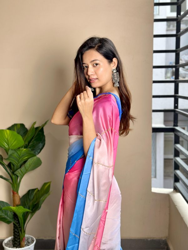 Blue Soft Georgette Satin With Digital Print Embroidery Work Saree - Image 3