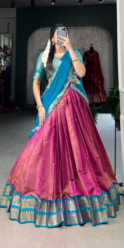 Beautiful Pink Color Kanchipuram Zari Weaving Work Lehenga Choli
