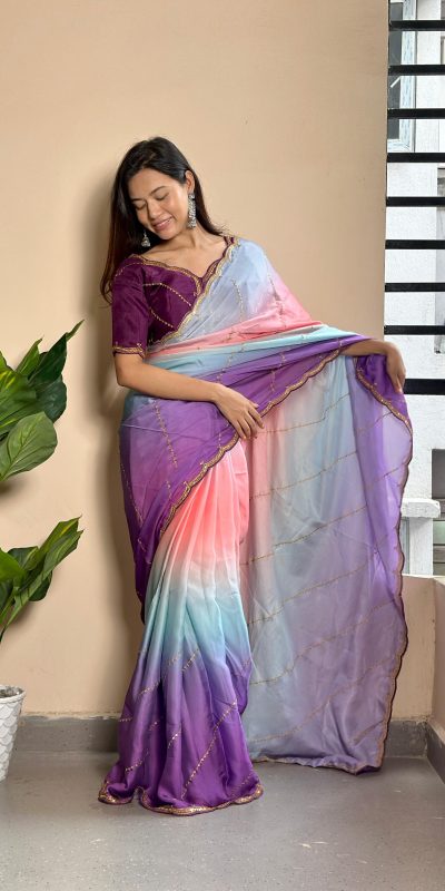 Beautiful Wine Color Soft Georgette Satin With Digital Print Embroidery Work Saree