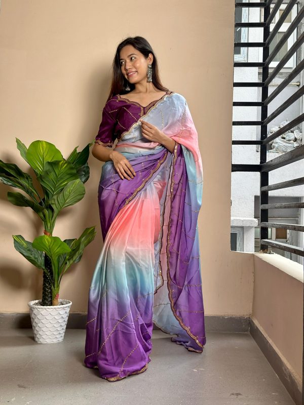 Wine Soft Georgette Satin With Digital Print Embroidery Work Saree - Image 3