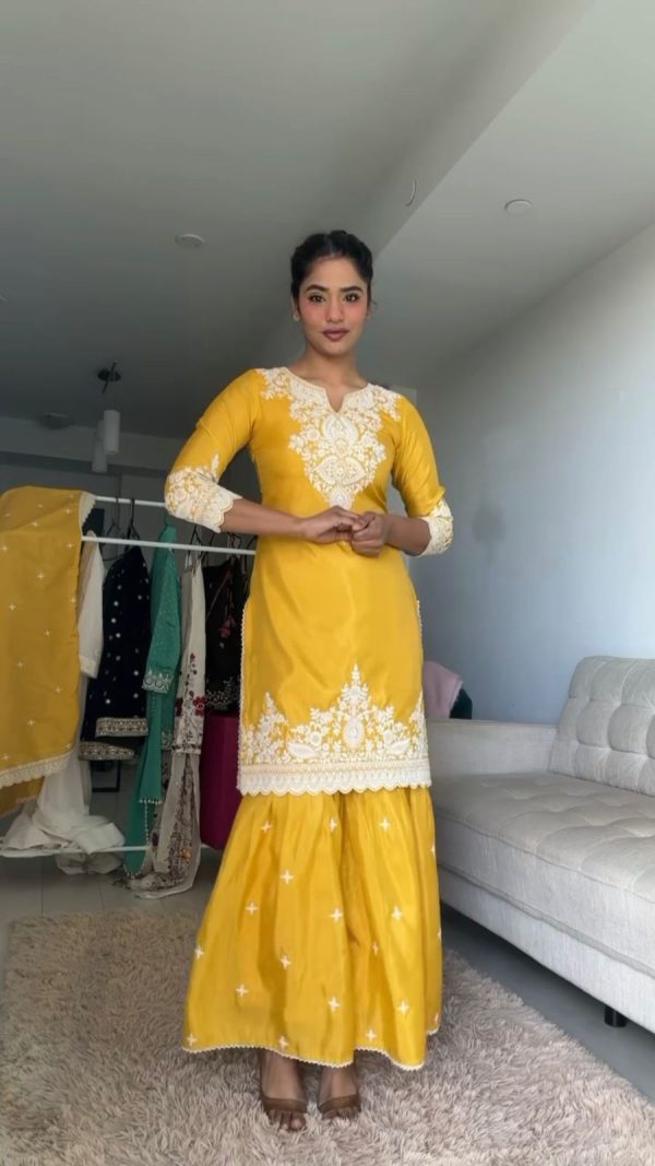 Yellow Chinnon Silk thread With Sequence Sharara Suit - Image 3
