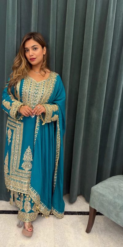 Bright Navy Blue Color Chinnon Silk With Embroidery Coding Dori-Sequence Work Salwar Suit