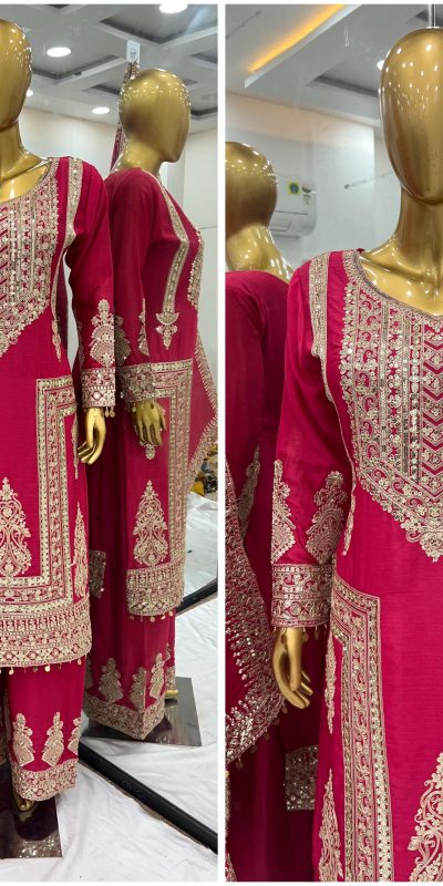Bright Red Color Chinnon Silk With Embroidery Coding Dori-Sequence Work Salwar Suit
