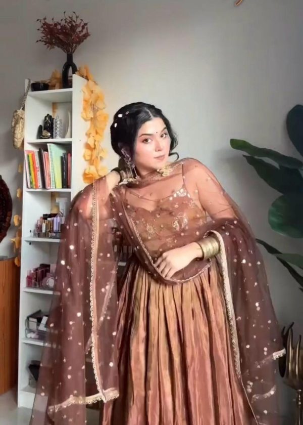 Brown Silk With Embroidery Sequence Work Anarkali Gown - Image 2