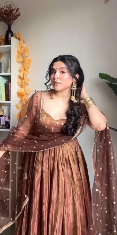 Chocolaty Brown Color Fendi Silk With Embroidery Sequence Work Anarkali Gown