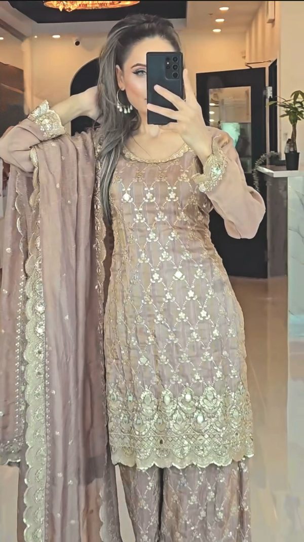 Cream Chinnon Silk Embroidery Sequence Work Real Mirror Hand Work Salwar Suit - Image 2