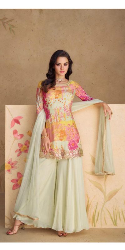 Classic Creme Color Chinon Printed Embroidery Work Sharara Suit