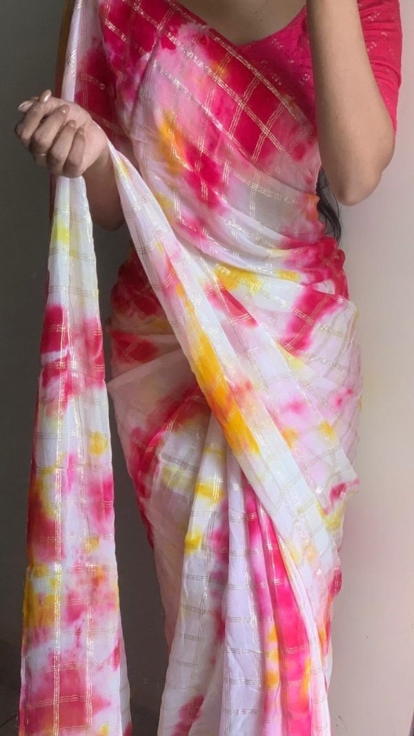 Pink Viscose Georgette Shibori Hand Dyeing Jari Work Saree - Image 2