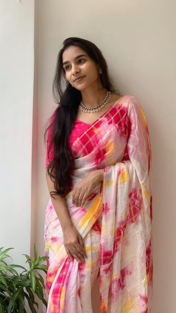 Pink Viscose Georgette Shibori Hand Dyeing Jari Work Saree - Image 3