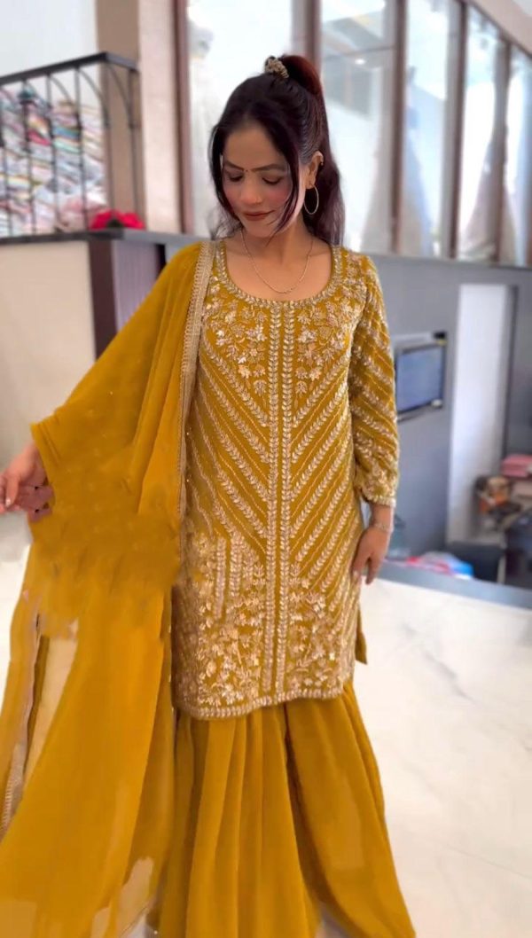 Yellow Faux Georgette With Embroidery Sequence Work Salwar Suit - Image 4