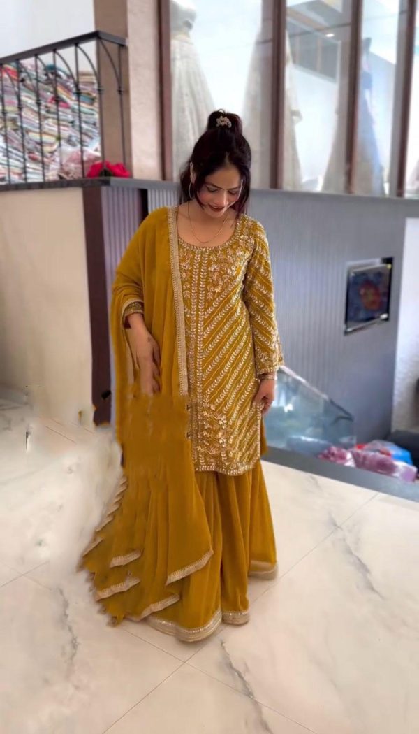 Yellow Faux Georgette With Embroidery Sequence Work Salwar Suit - Image 2