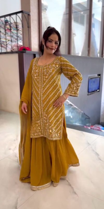 Classic Yellow Color Faux Georgette With Embroidery Sequence Work Salwar Suit