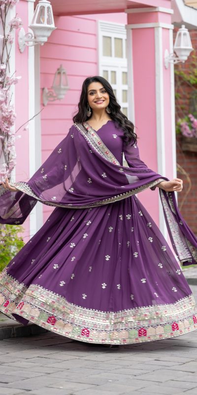 Exotic Purple Color Faux Georgette With Embroidery Sequence Work Anarkali Gown
