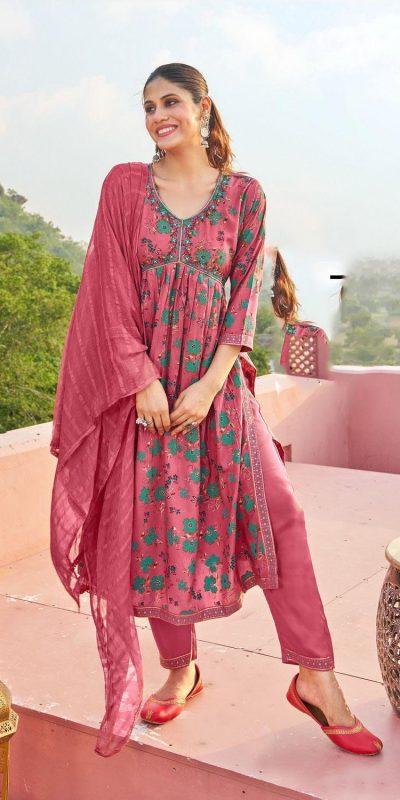 Fantastic Gajari Color Rayon Alia Cut With Embroidery Work Kurti