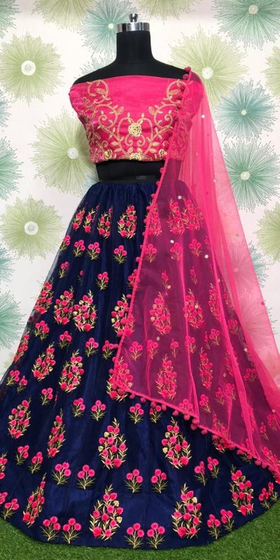 Fantastic Navy Blue Color Zari Dori Embroidery Net Lehenga Choli