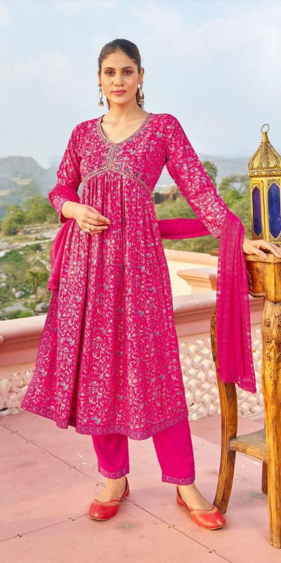 Fantastic Pink Color Rayon Alia Cut With Embroidery Work Kurti