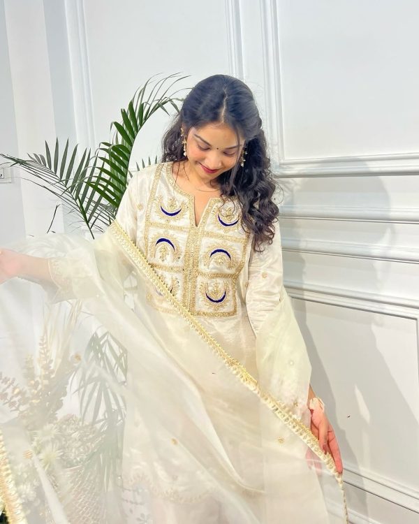 White Silk With Heavy Coding Embroidery Sequence Work Salwar Suit - Image 3