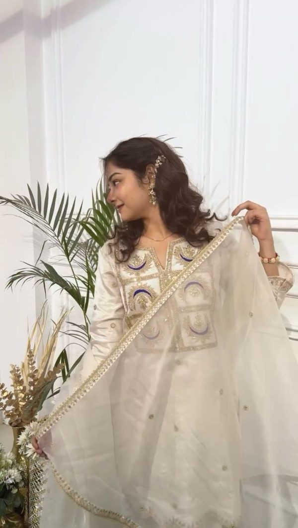White Silk With Heavy Coding Embroidery Sequence Work Salwar Suit - Image 6