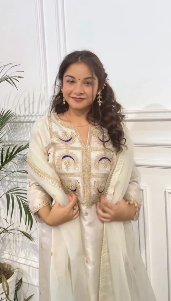 White Silk With Heavy Coding Embroidery Sequence Work Salwar Suit - Image 7