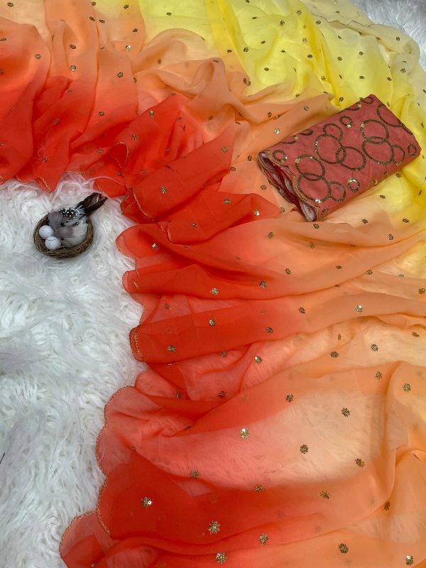 Gorgeous Orange Color Georgette With Sequence Worked Butti Saree
