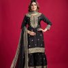 Graceful Black Color Chinnon Silk With Embroidery Work Sharara Suit