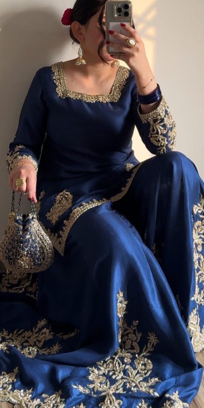 Graceful Blue Color Chinnon Silk With Embroidery Work Sharara Suit