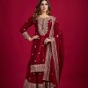 Graceful Marron Color Chinnon Silk With Embroidery Work Sharara Suit