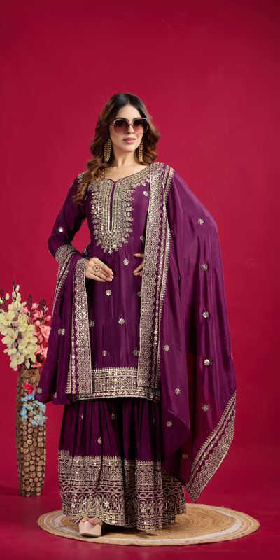 Graceful Purple Color Chinnon Silk With Embroidery Work Sharara Suit