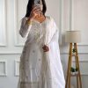 Graceful White Color Chinnon Silk With Embroidery Work Sharara Suit